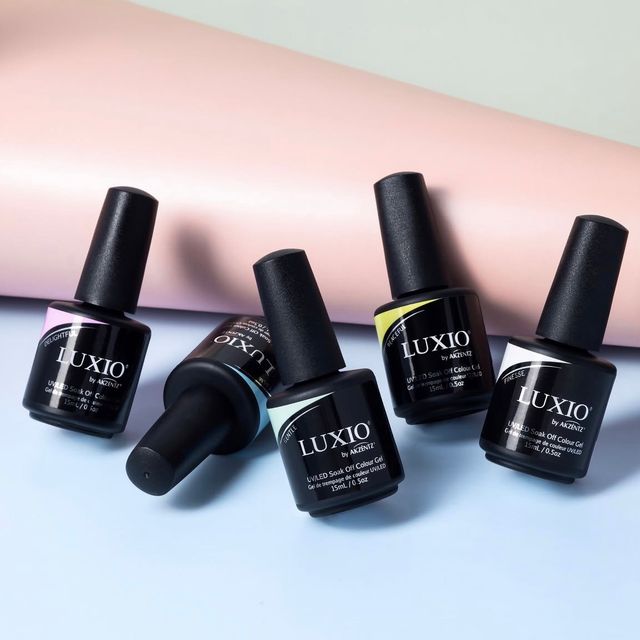 Luxio coloured nail gels on a pastel background